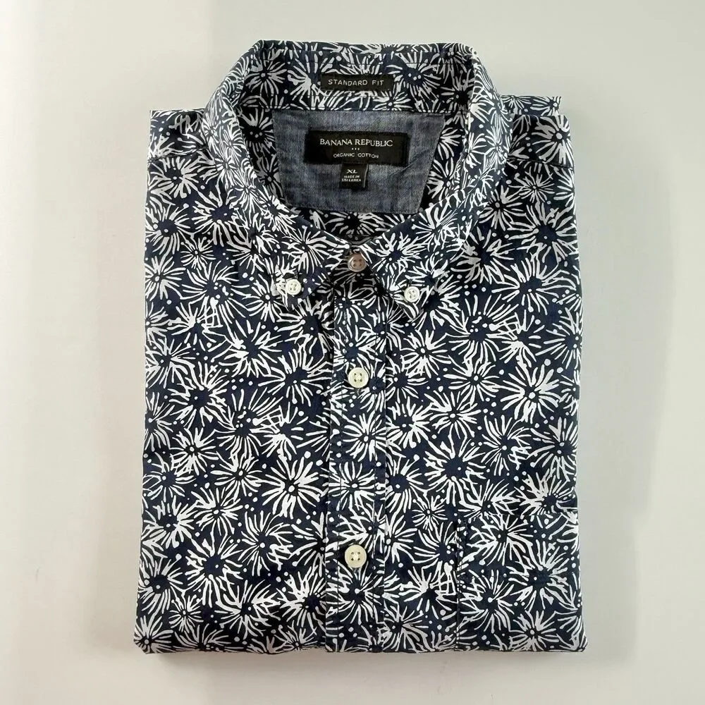 BANANA REPUBLIC Short Sleeve Button Down Shirt Mens XL Dark Blue White Starburst